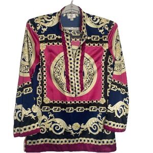 eci VTG Baroque Gold Burgundy Blue Long Sleeve‎ Tunic - Women's Sz 10